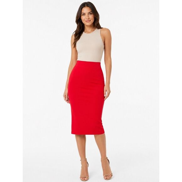nOir Jewelry Dresses & Skirts - Noir Red Stretch Pencil Midi Skirt Small Pull On Back Slit Made in USA NWT